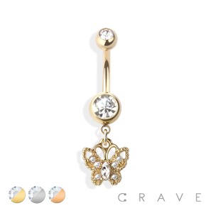 BUTTERFLY DANGLE CZ DANGLE 316L SURGICAL STEEL NAVEL RING